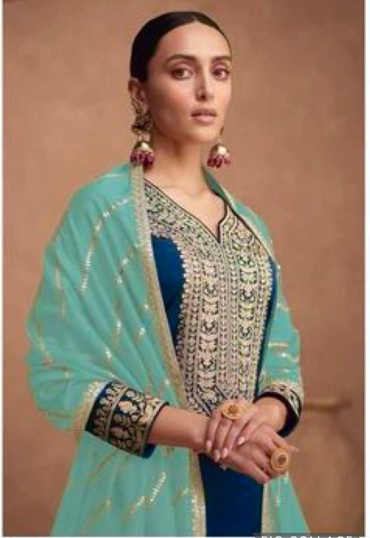 V-neck Navy Blue Silk Shirt with zari embroidery palazzo dress set, Party wear Salwar Kameez suit dress with Dupatta, Free Shipping - Diana's Fashion Factory