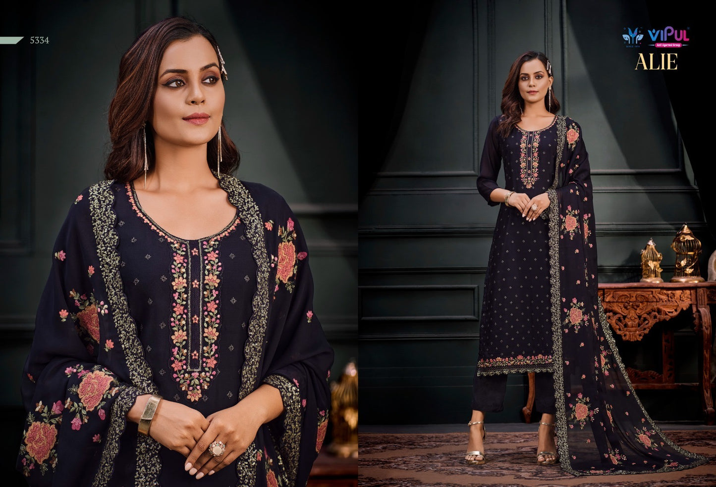 VIPUL Indian Chiffon Georgette Party Dress - Embroidery & Sequin Elegance | Size M - Exclusive Catalogue for Women