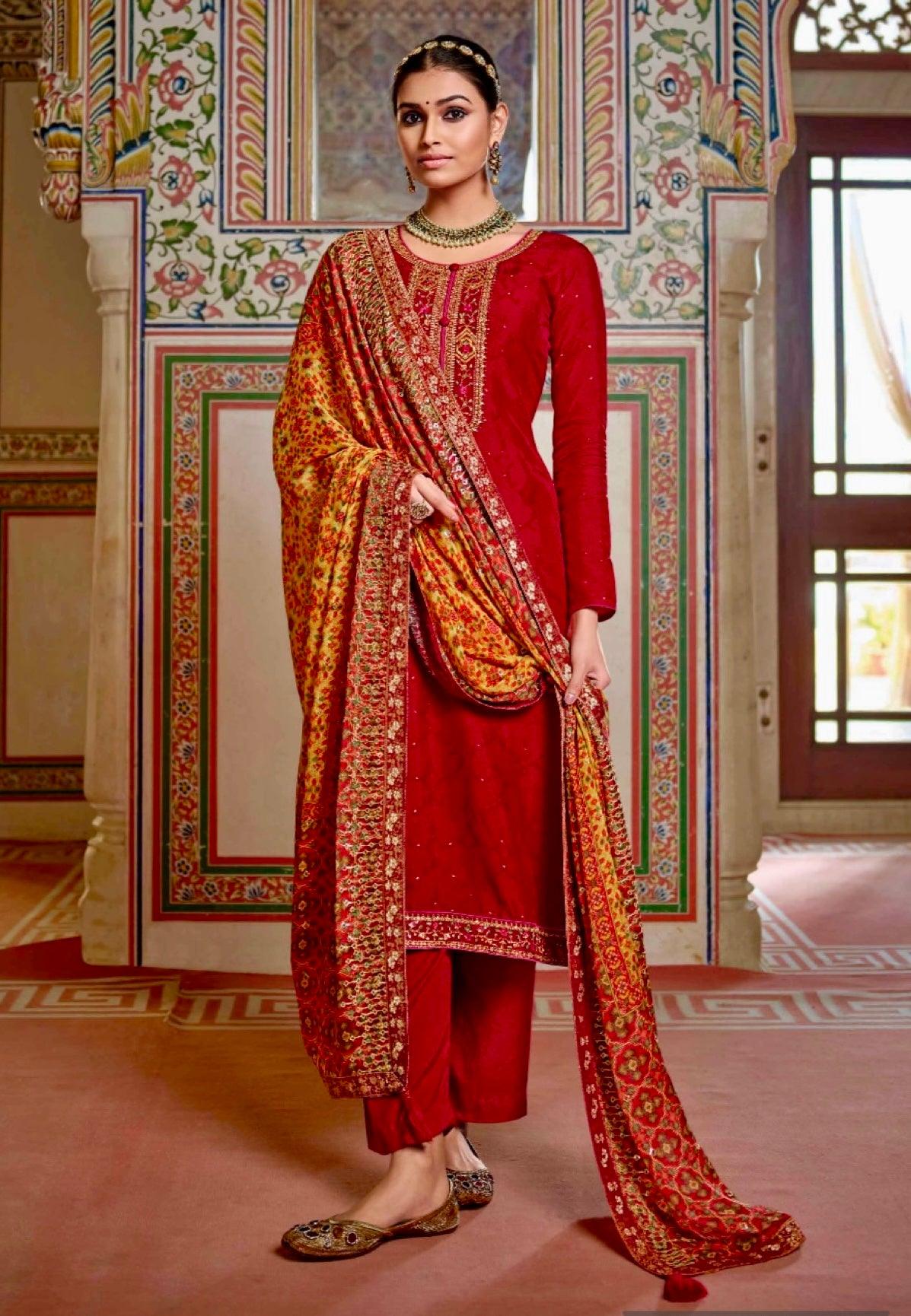 Red Jacquard Silk with embroidery and Sequins dress, Indian Original catalogue Three Piece suit dress with Floral print Chiffon Dupatta, M L - Diana's Fashion Factory
