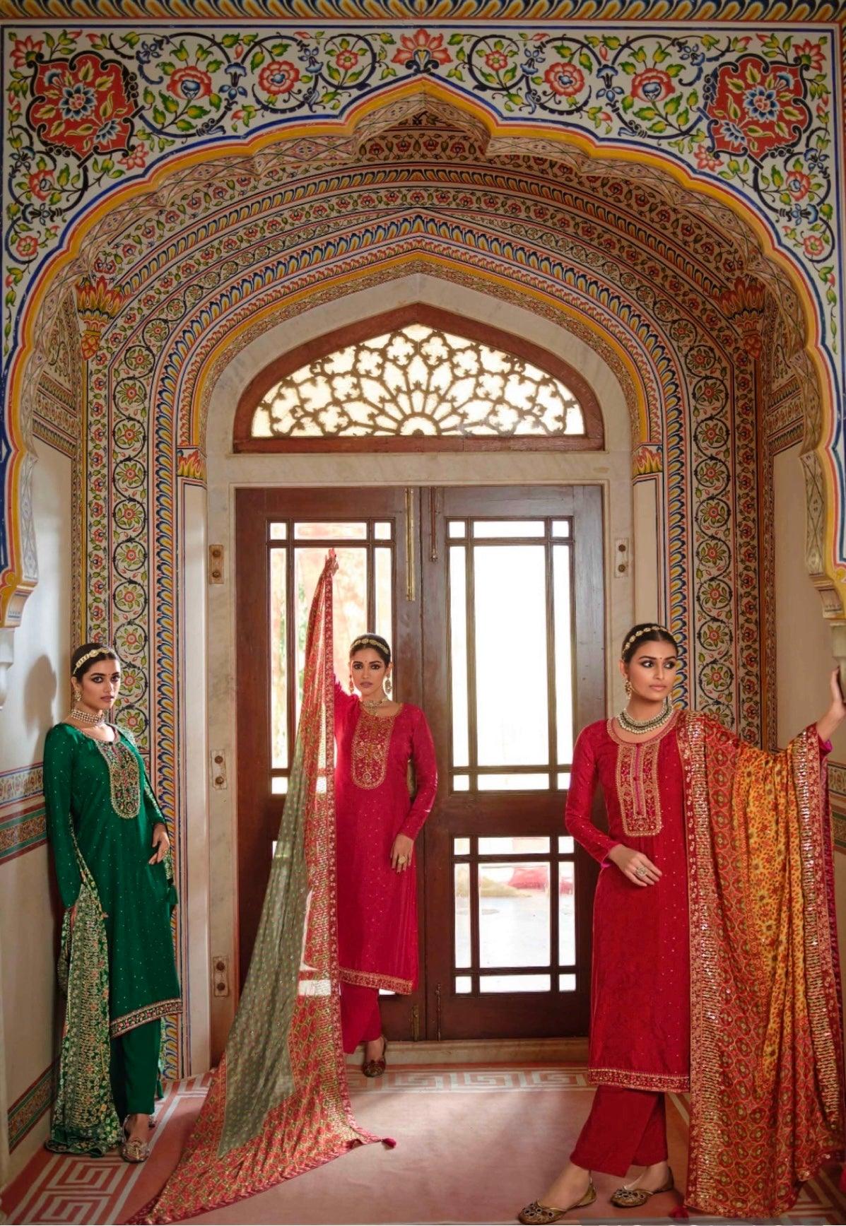 Crimson Red jacquard silk shirt with embroidery shalwar Kameez suit dress with Chiffon Dupatta, M L - Diana's Fashion Factory