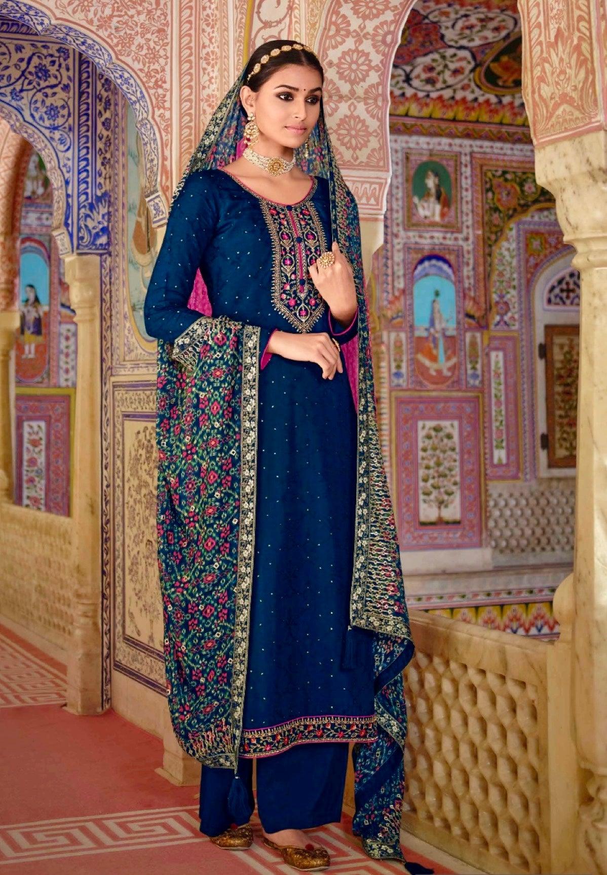 Women’s Round Neck Indian Dola Silk with embroidery sequins works dress, Party wear Salwar kamiz suit dress with Dupatta, M L - Diana's Fashion Factory