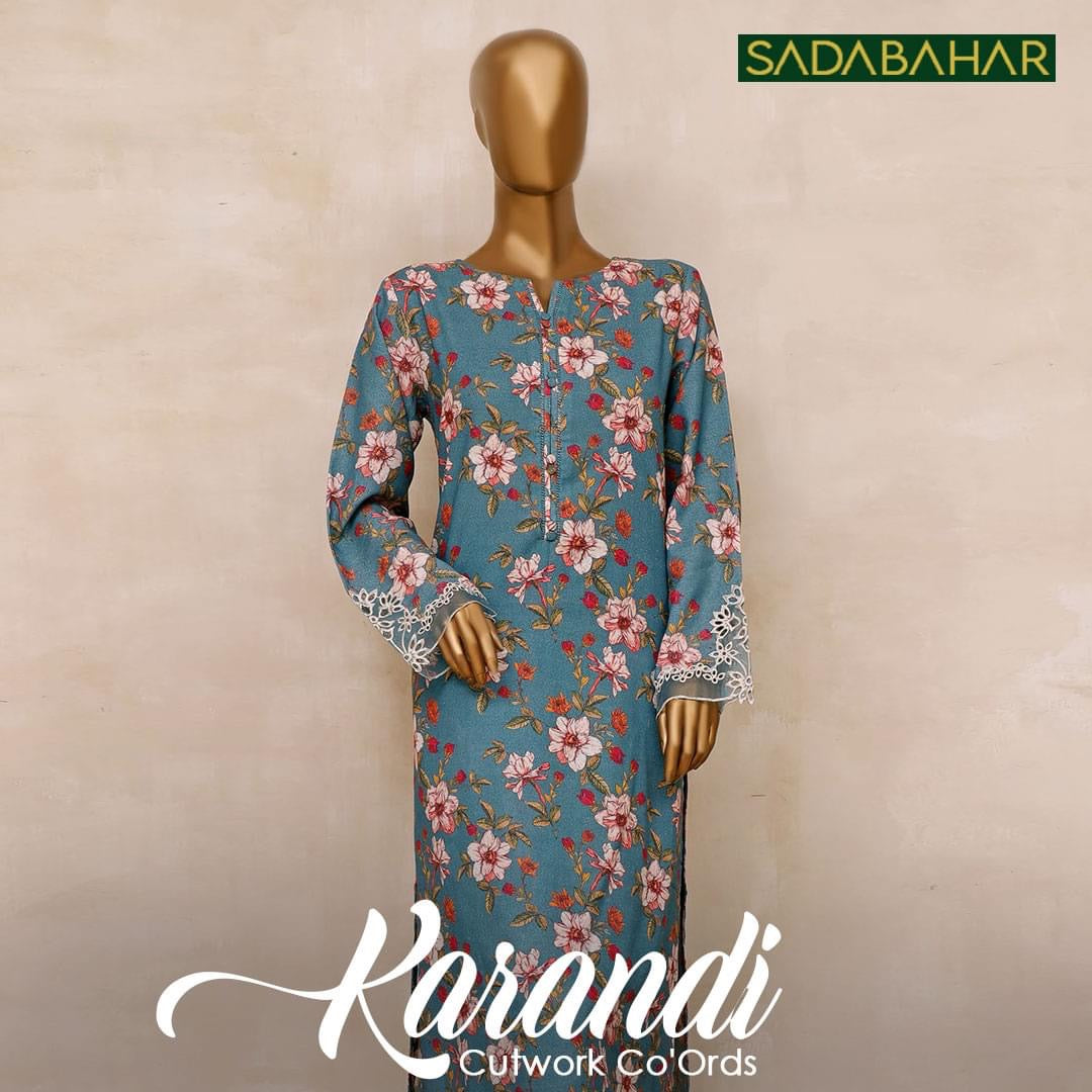Pakistani Sadabahar Karandi Co-Ords Set, Full Sleeve Kurta & Matching Pants, S M Sizes