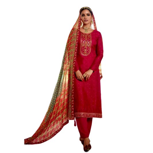 Crimson Red jacquard silk shirt with embroidery shalwar Kameez suit dress with Chiffon Dupatta, M L