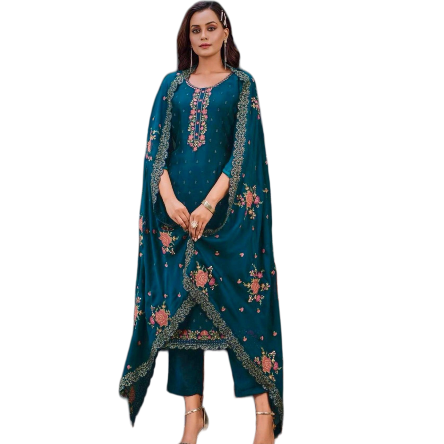 Exclusive Party Wear Indian original Catalogue Silk Dress with Embroidery and sequins works, Size - M