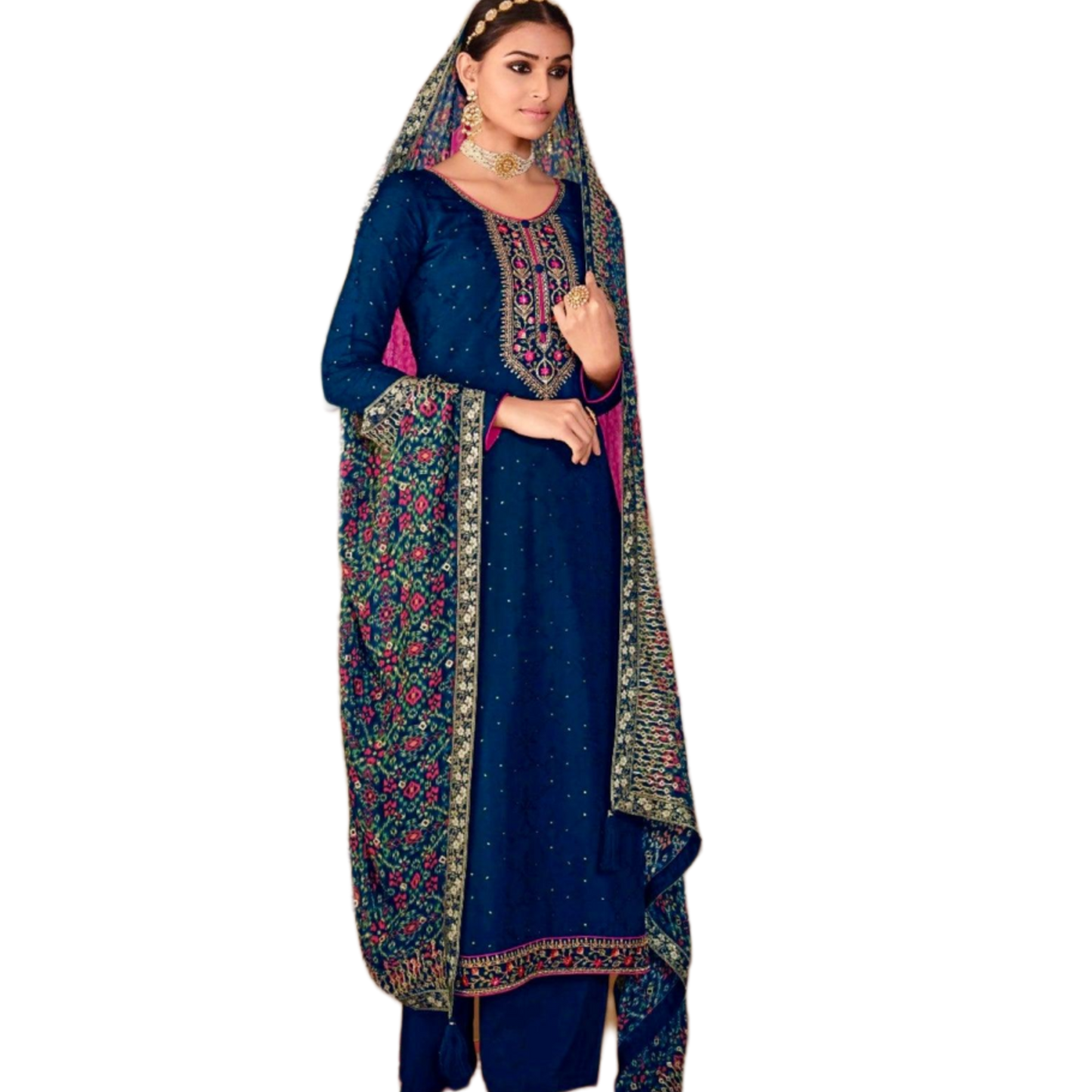 Women’s Round Neck Indian Dola Silk with embroidery sequins works dress, Party wear Salwar kamiz suit dress with Dupatta, M L