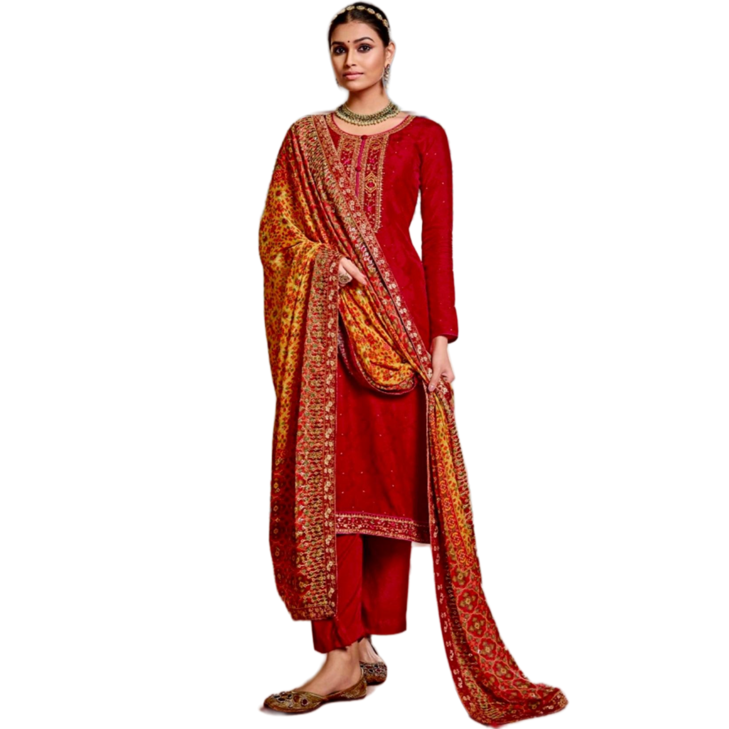 Red Jacquard Silk with embroidery and Sequins dress, Indian Original catalogue Three Piece suit dress with Floral print Chiffon Dupatta, M L