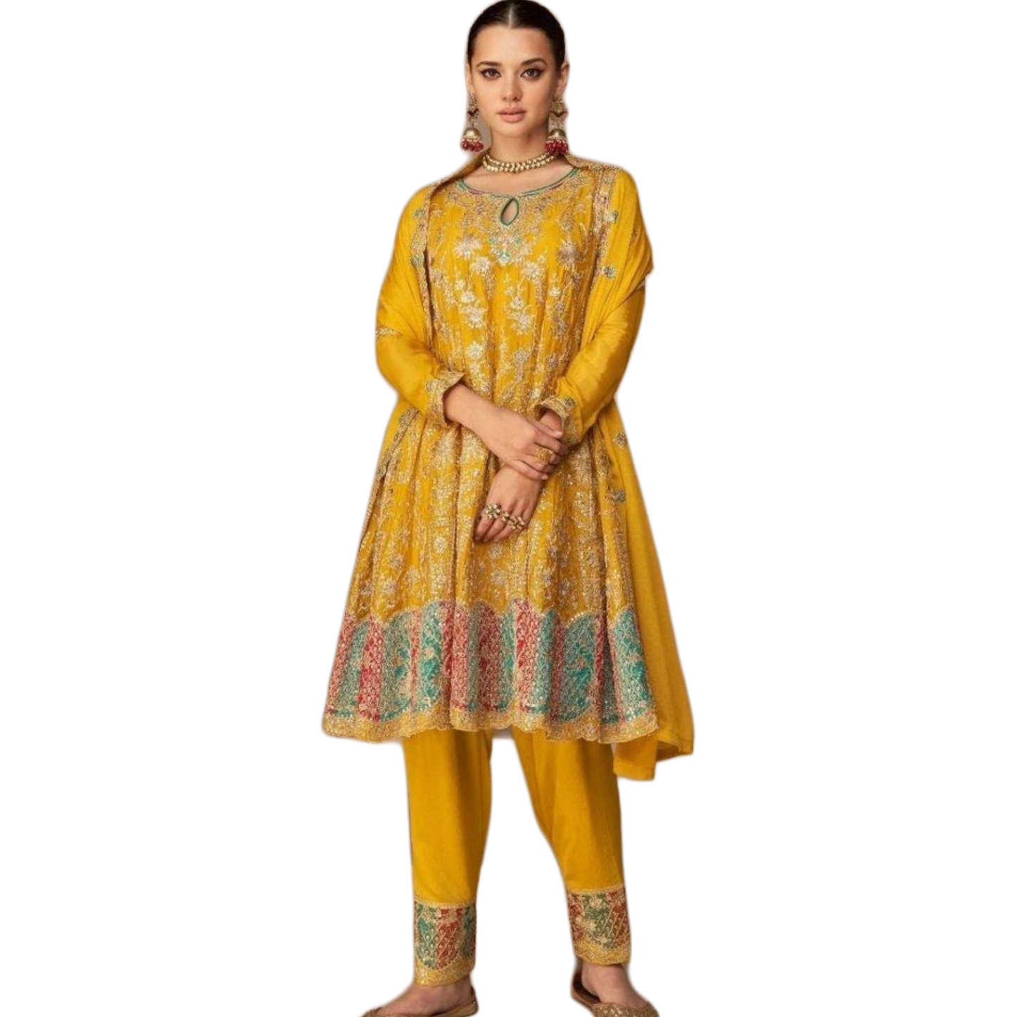Stunning Yellow color Long sleeves heavy Gold embroidery Silk patiyala Midi dress Indian/ Pakistani Wedding party, L
