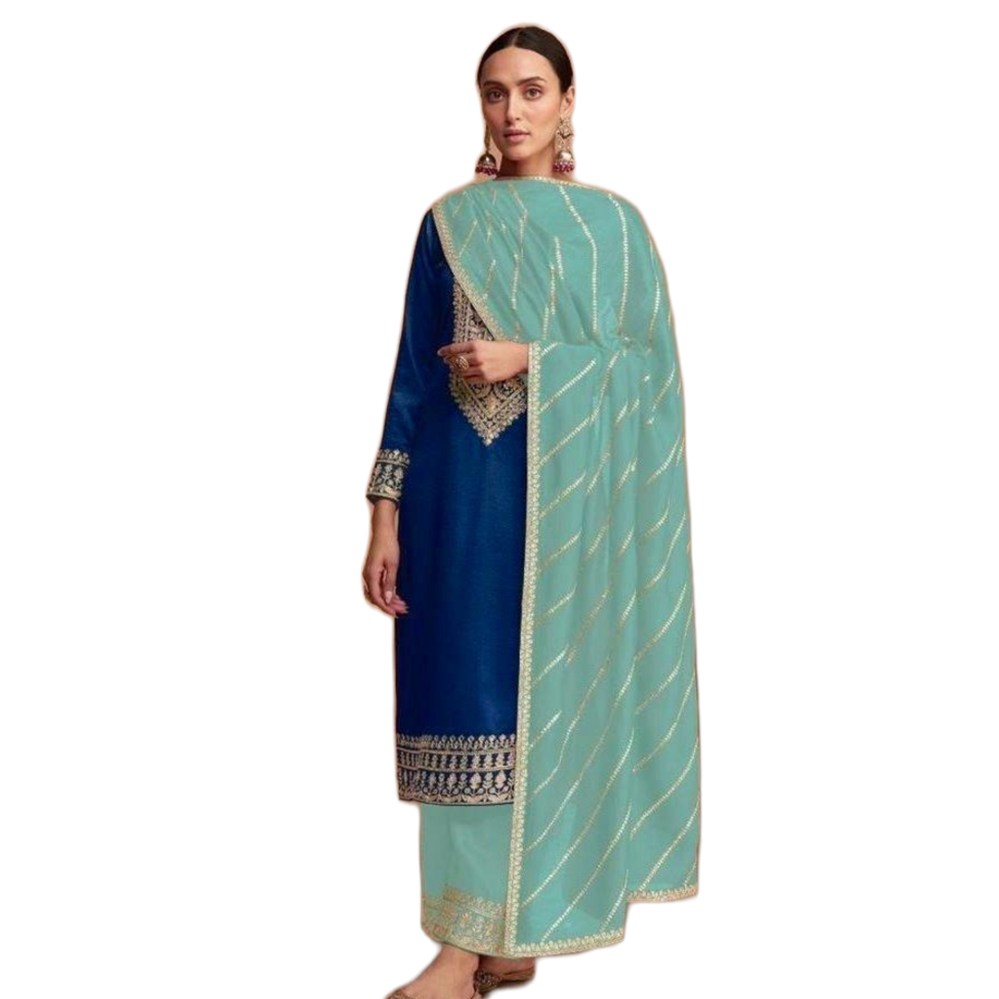 V-neck Navy Blue Silk Shirt with zari embroidery palazzo dress set, Party wear Salwar Kameez suit dress with Dupatta, Free Shipping