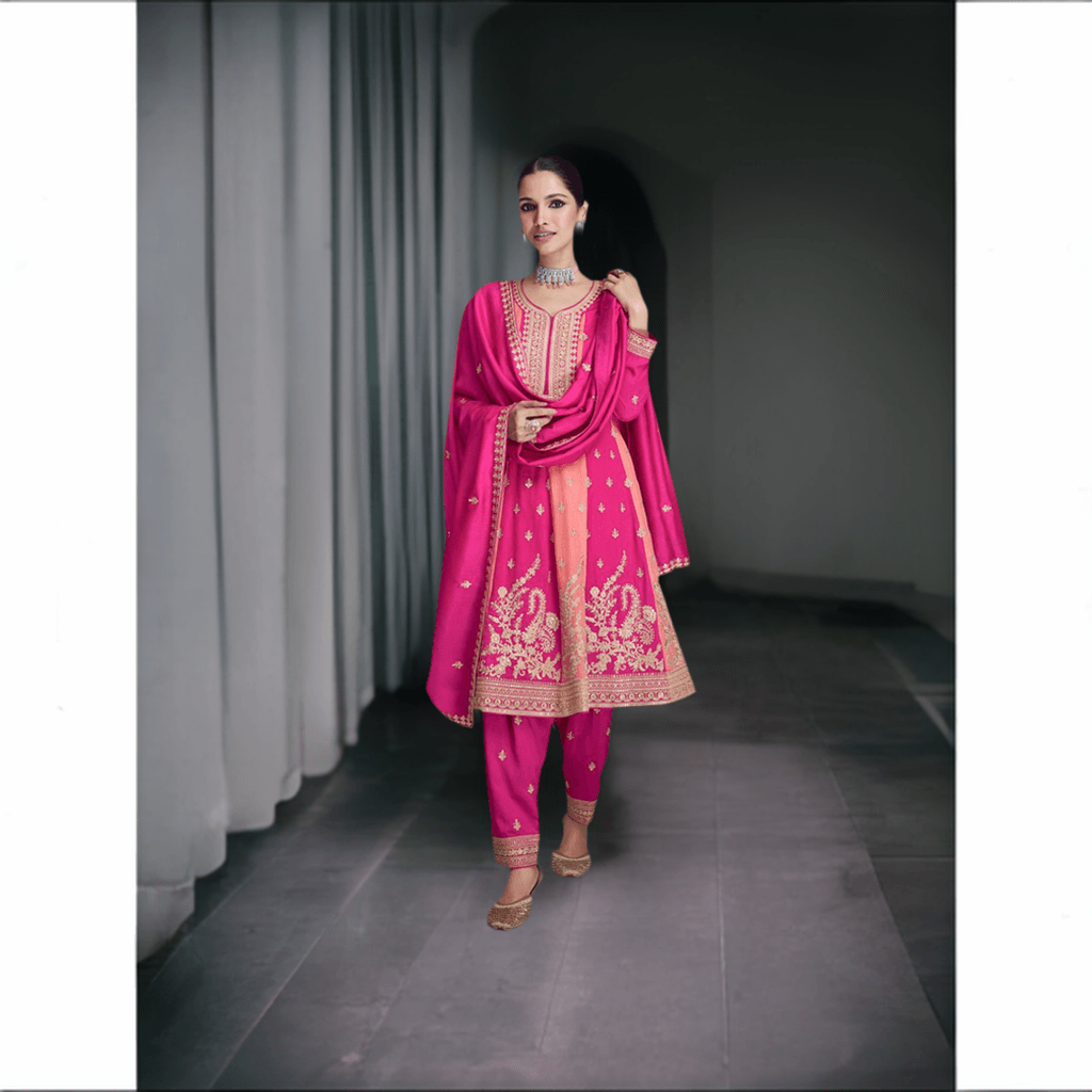 Hot pink Gold embroidery & sequins round neck Salwar Suit Midi dress Indian/ Pakistani Wedding party, M - Diana's Fashion Factory