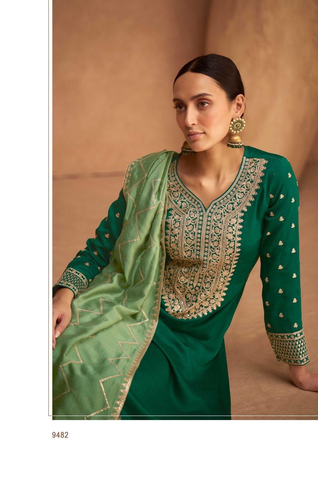 Bottle Green Silk with zari embroidery palazzo dress Indian/Pakistani wedding Eid Puja Party wear suit, M - Diana's Fashion Factory
