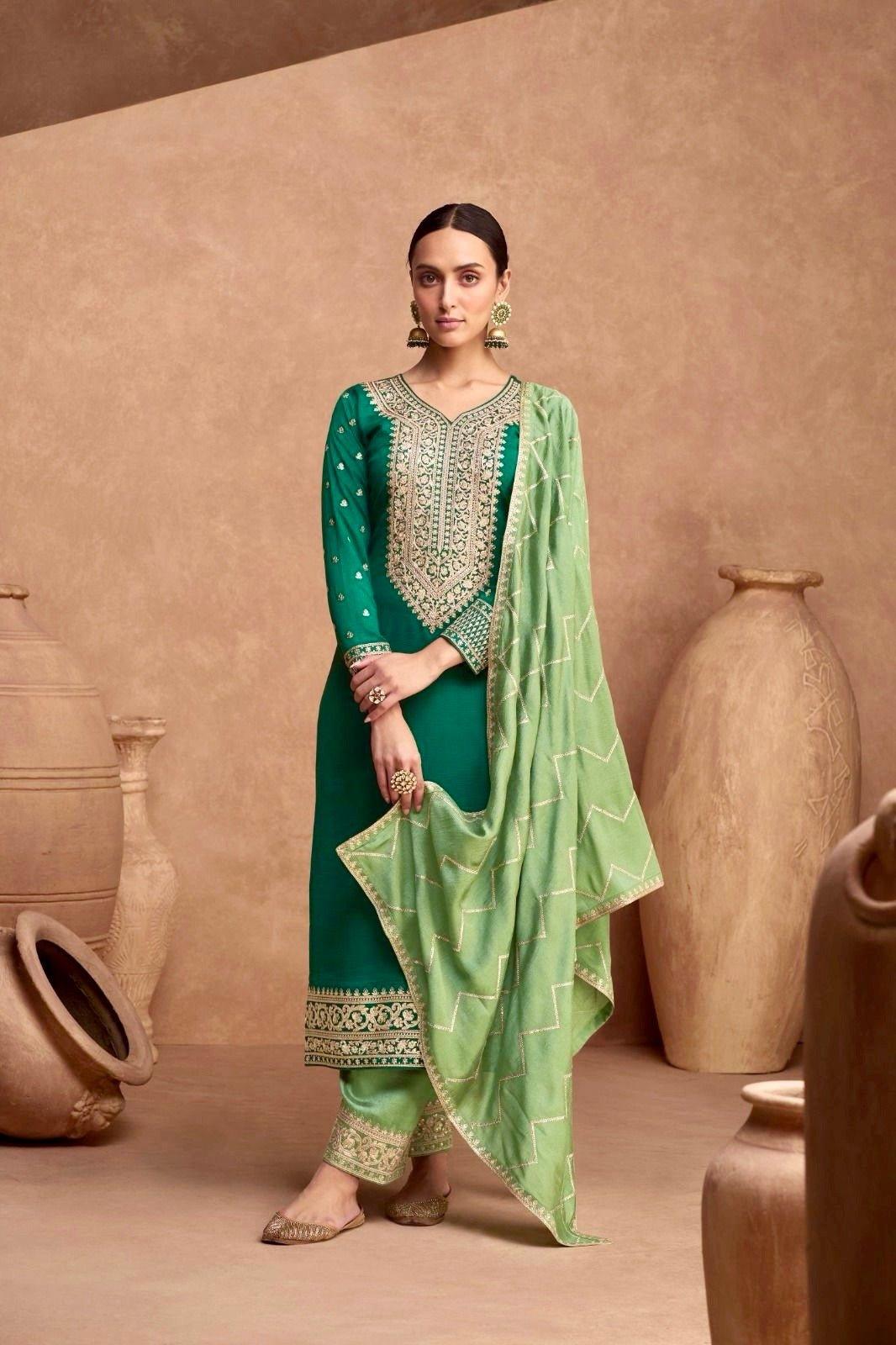 Bottle Green Silk with zari embroidery palazzo dress Indian/Pakistani wedding Eid Puja Party wear suit, M - Diana's Fashion Factory