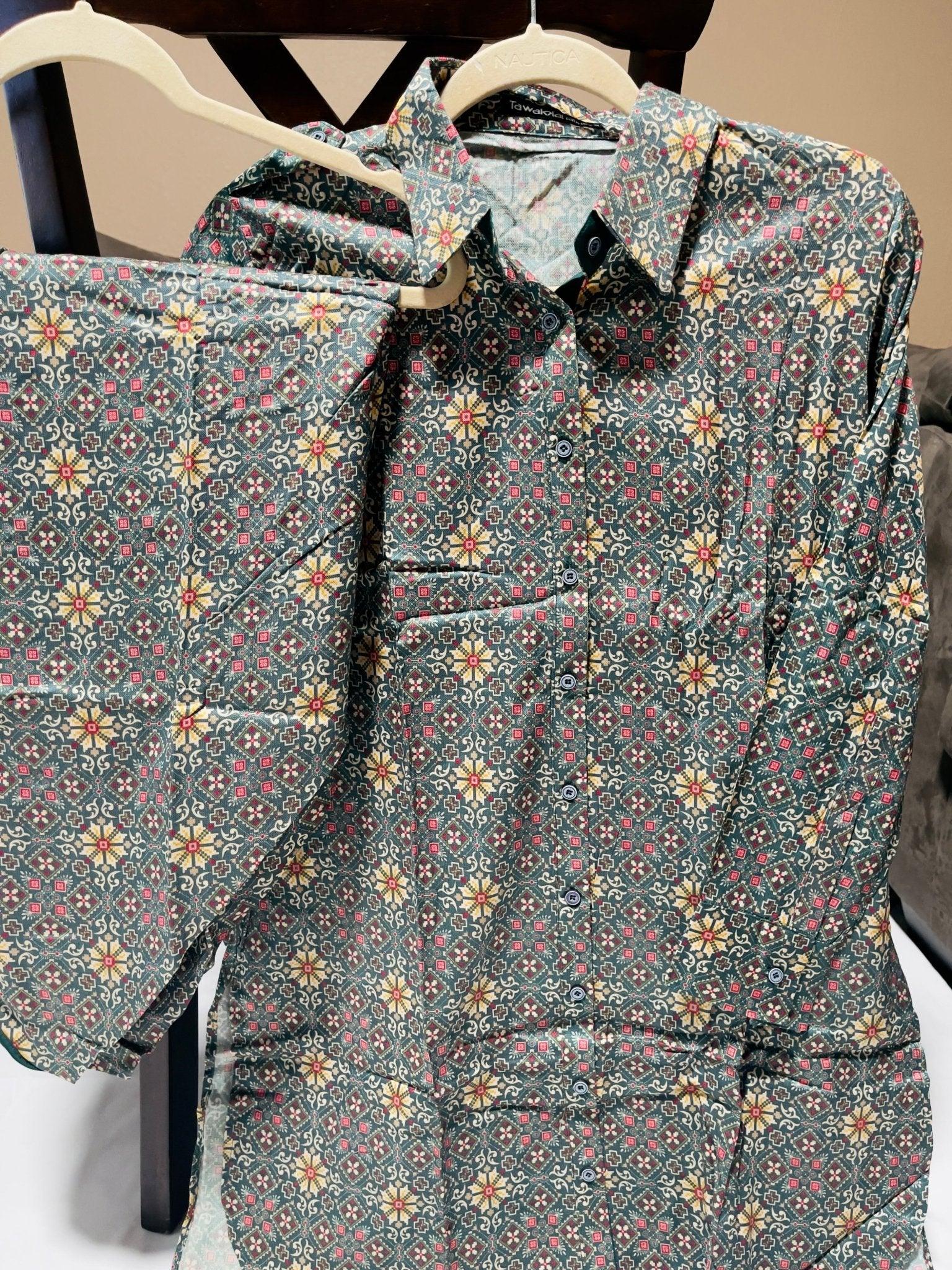 Floral print V- Neck Linen Kurta Top & trousers set, S L - Diana's Fashion Factory