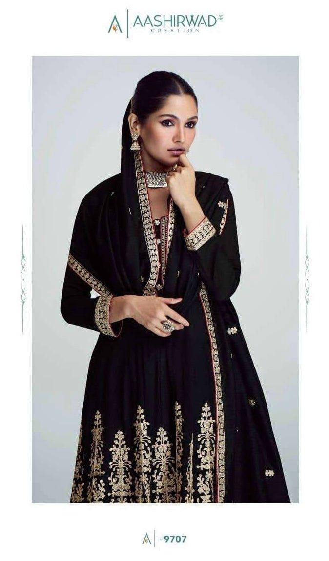 Gold Embroidery Silk Salwar Suit Round- Neck Black Midi Indian/ Pakistani wedding party wear, M - Diana's Fashion Factory