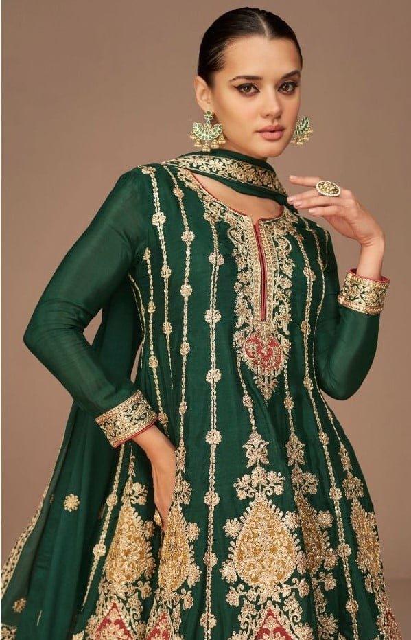 Green Punjabi Dhoti Salwar Kameez With Heavy Embroidery Work, Round neck dress Indian/ Pakistani Wedding party, L - Diana's Fashion Factory