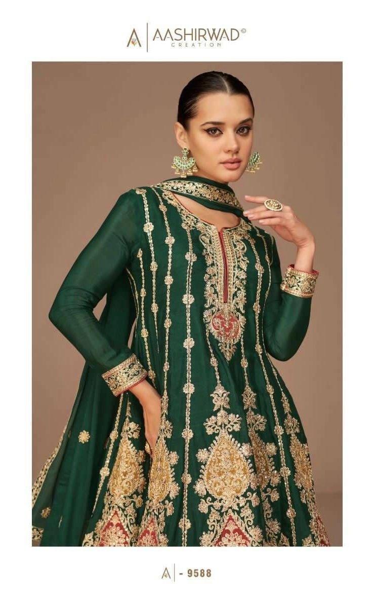 Green Punjabi Dhoti Salwar Kameez With Heavy Embroidery Work, Round neck dress Indian/ Pakistani Wedding party, L - Diana's Fashion Factory