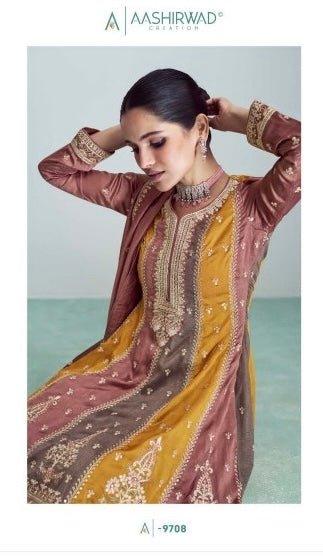 Indian Designer Gold embroidery sequins Silk Multi Color round- neck Salwar & Kamiz dress, M - Diana's Fashion Factory