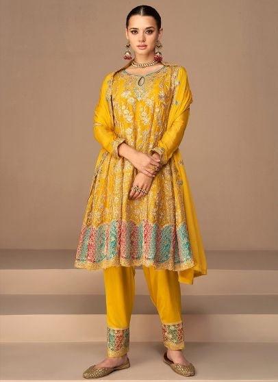 Long sleeves heavy Gold embroidery Silk Kurta pant Dress sets, Midi dress Indian/ Pakistani Wedding party, L - Diana's Fashion Factory