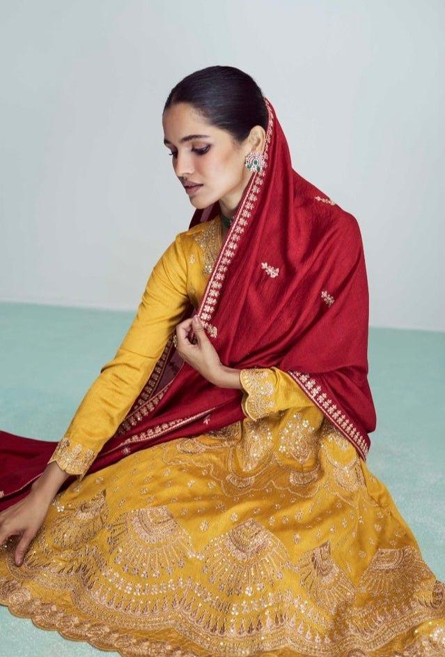 Mustard color Contrast Gold & Sequins embroidery Indian traditional Silk Dress, Salwar kamiz set - Diana's Fashion Factory