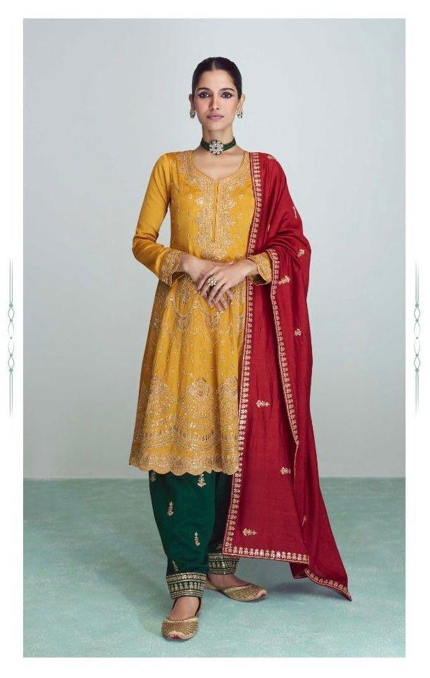 Mustard color Contrast Gold & Sequins embroidery Indian traditional Silk Dress, Salwar kamiz set - Diana's Fashion Factory