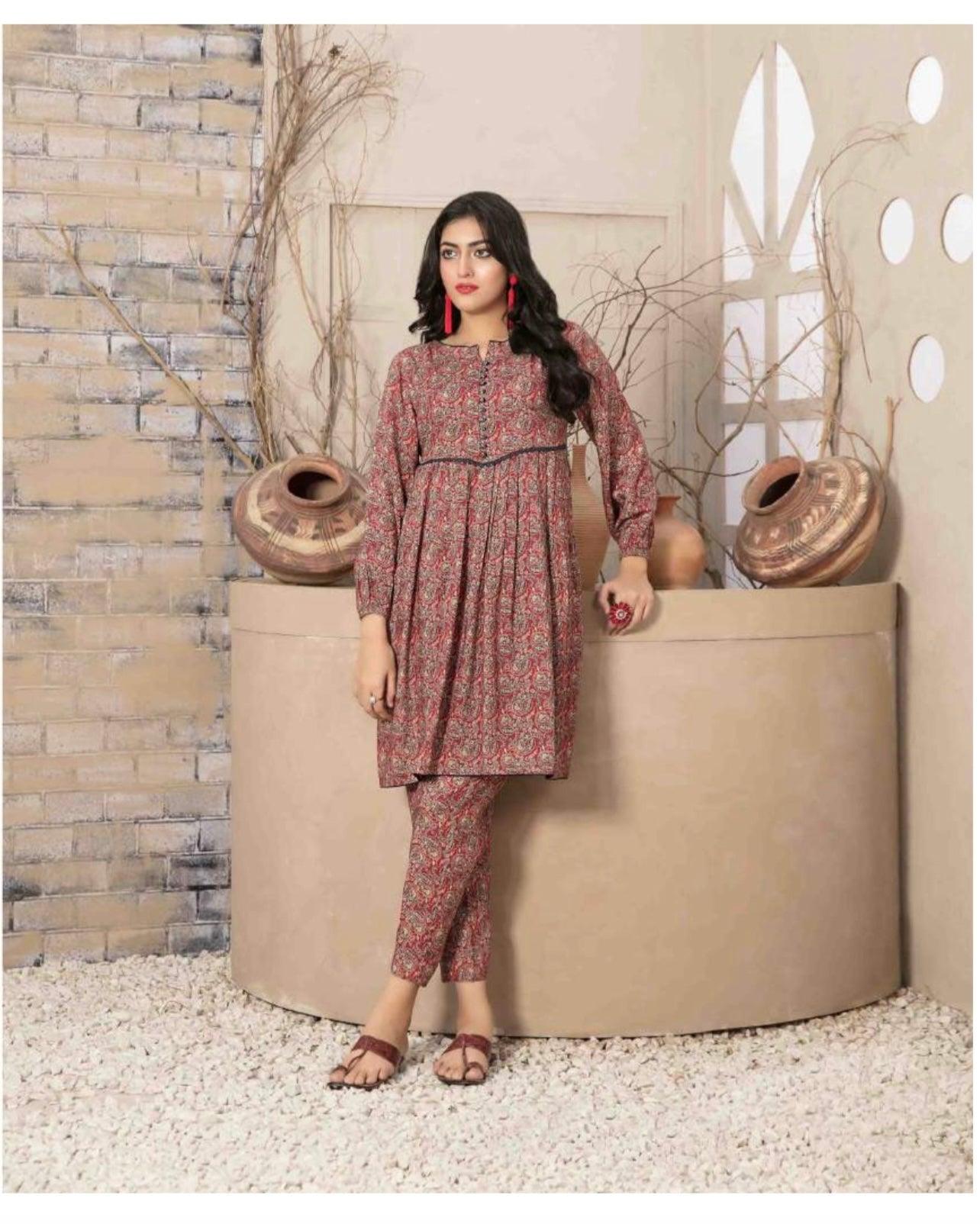 Pakistani stitch boat neck Linen Midi Kurta & pant by Tawakkal Fabric, Large - Diana's Fashion Factory