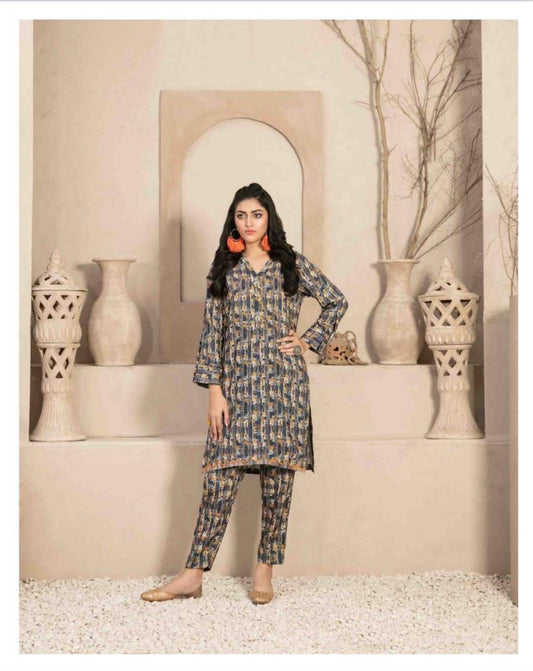 Pakistani style Graphic printed Linen Kurta & trousers dress V- neck, S M L - Diana's Fashion Factory