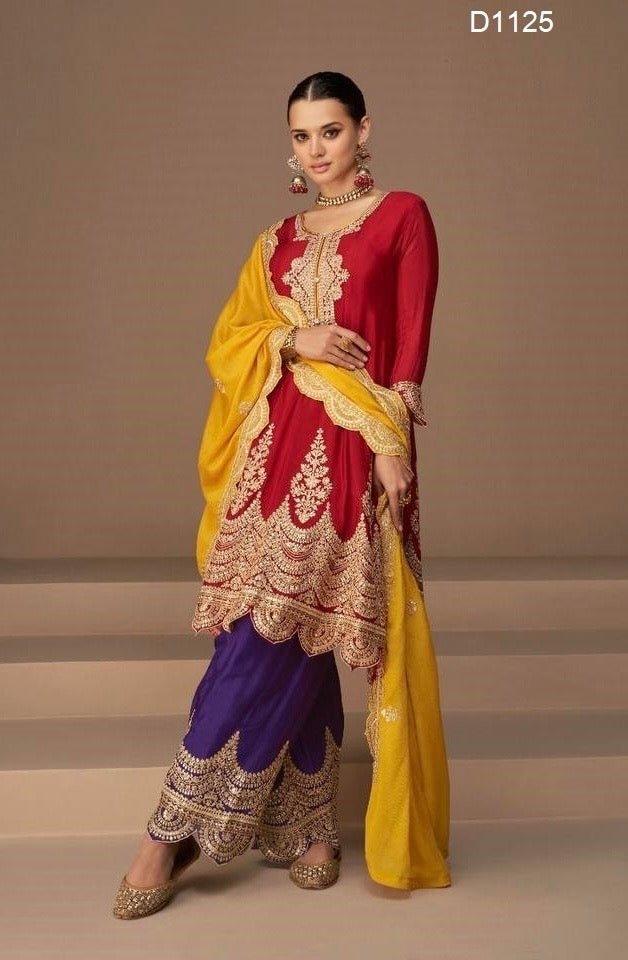 Red Traditional Palazzo & Kameez With Heavy Gold Embroidery Work, Round neck Midi dress Indian/ Pakistani Wedding party, L - Diana's Fashion Factory