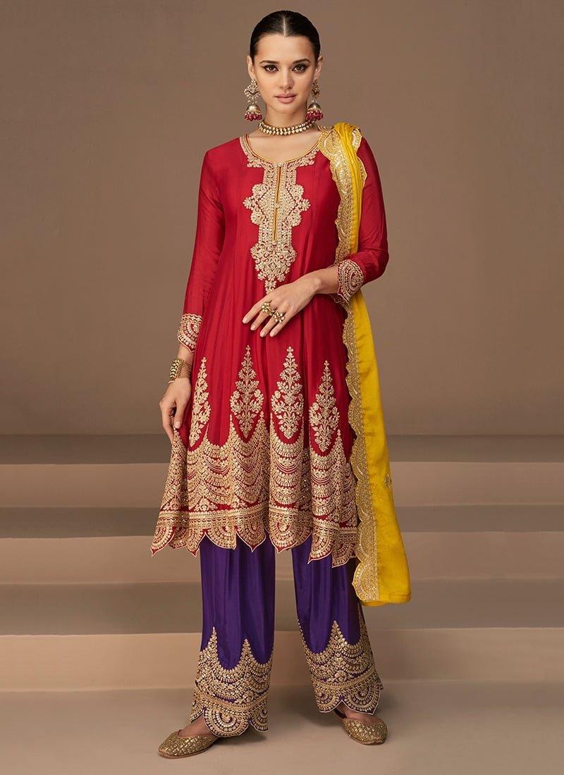 Red Traditional Palazzo & Kameez With Heavy Gold Embroidery Work, Round neck Midi dress Indian/ Pakistani Wedding party, L - Diana's Fashion Factory