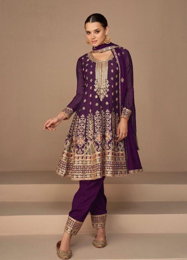 Stunning purple dhoti salwar kameez with gold embroidery, Premium silk fabric with intricate embroidery work, L - Diana's Fashion Factory