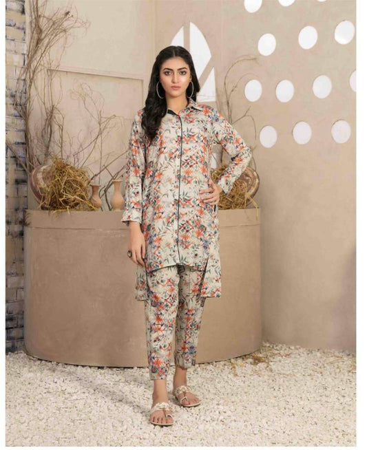 Women’s Floral printed Polo neck dress with trousers Linen Tunic, S M L - Diana's Fashion Factory
